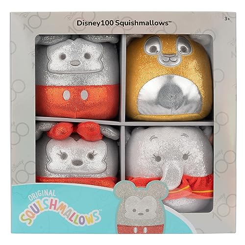 Squishmallows SQDI00233 - Disney 100 4er Pack, offizielles Set mit Winnie Puuh, Tinkerbell, Simba & Dumbo, je 12,5cm Plüschfiguren