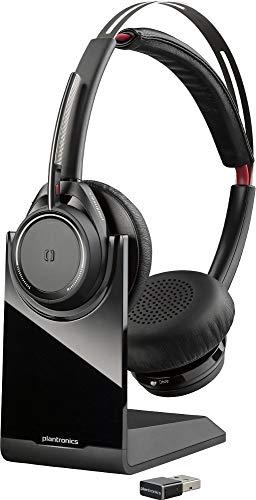 Plantronics Bluetooth-Stereo-Headset 'Voyager Focus UC' mit Ladeschale & USB-C BT-Dongle, Smart Sensoren, Mikrofonarm, Rauschunterdrückung, Schwarz