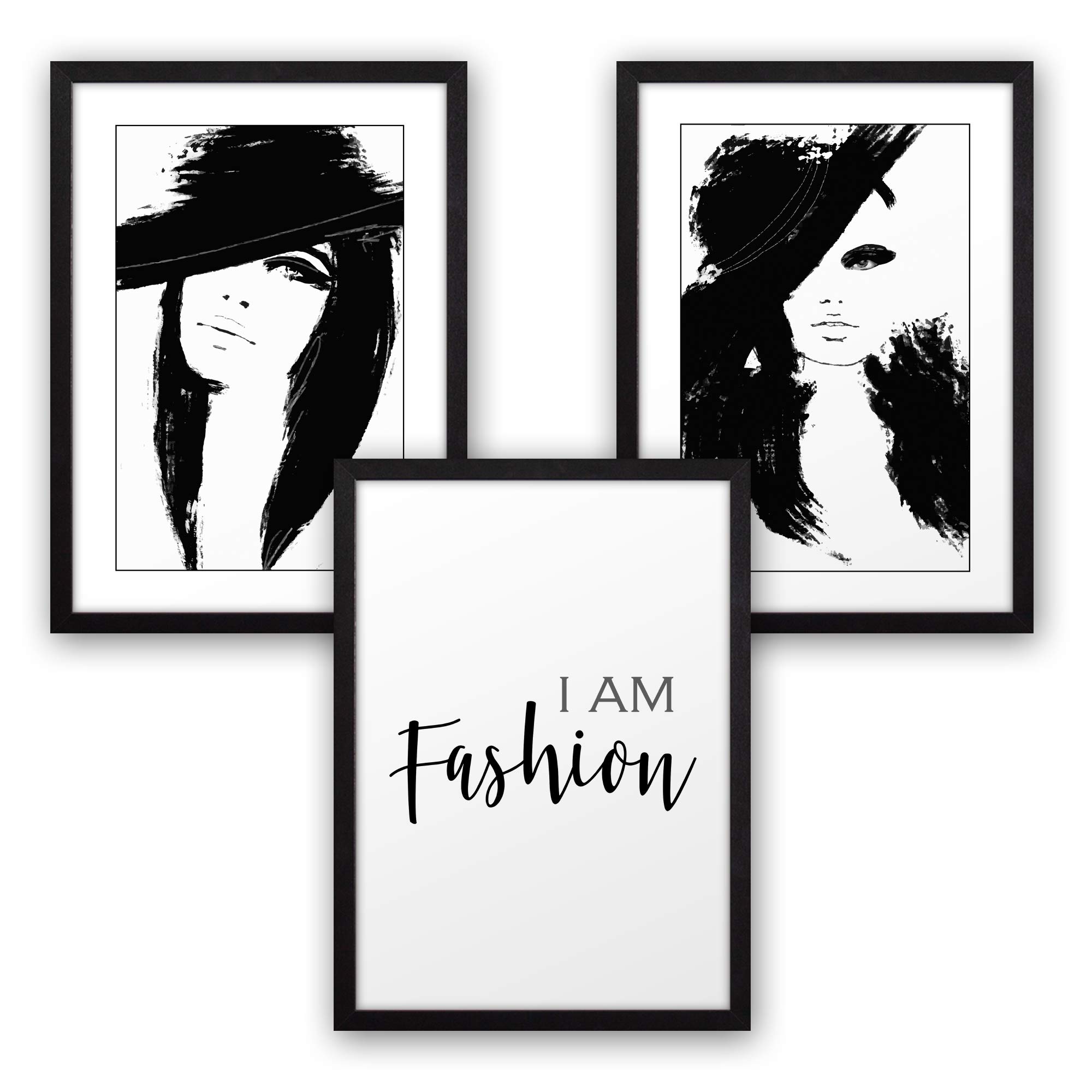 3-teiliges Premium Poster-Set | Kunstdruck | i am fashion | Deko Bild für Ihre Wand | optional mit Rahmen | Wohnzimmer Badezimmer Modern Fine Art | DIN A4 / A3 (A3, schwarzer Rahmen)