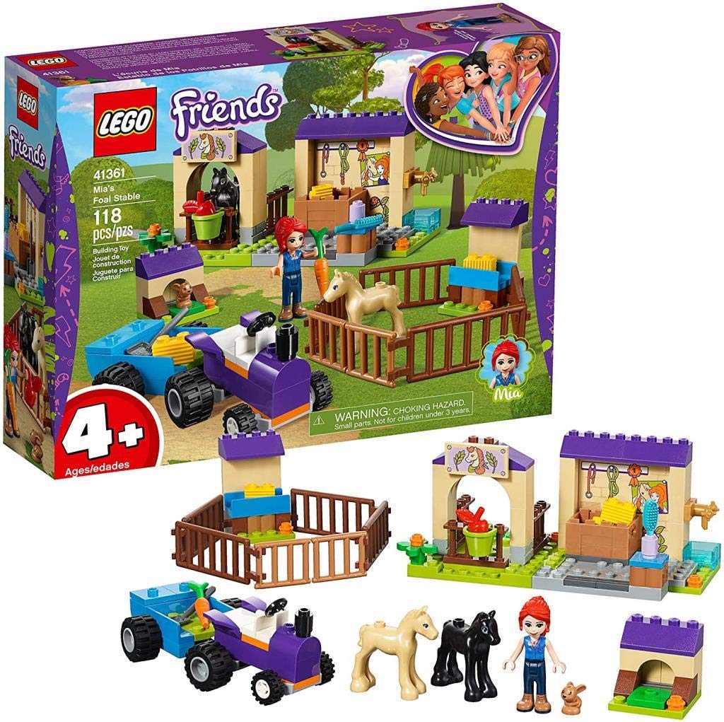 LEGO 41361 Friends Mias Fohlenstall, Spielset mit Mia als Minipuppe, 2 Fohlenfiguren, Kaninchenfigur und Traktor mit Anhänger, Farmspielzeuge für Kinder