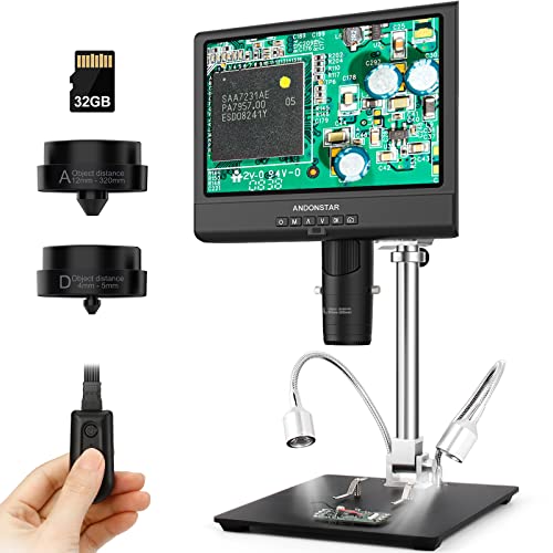 Andonstar AD249 Digitales Mikroskop mit 25,7 cm Bildschirm, Lötmikroskop mit Metallständer, 500 x Dreilinsen-Münz-Mikroskop-Set für Kinder und Erwachsene, Foto-/Videoaufnahmen, 32G SD-Karte im Lieferumfang enthalten