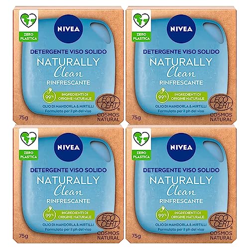 Nivea Naturally Clean Feststoffreiniger, erfrischendes Gesicht mit Mandelöl und Preiselbeeren Formel Vegan mit Zutaten 99 % natürlicher Herkunft – 4 Seifen à 75 g