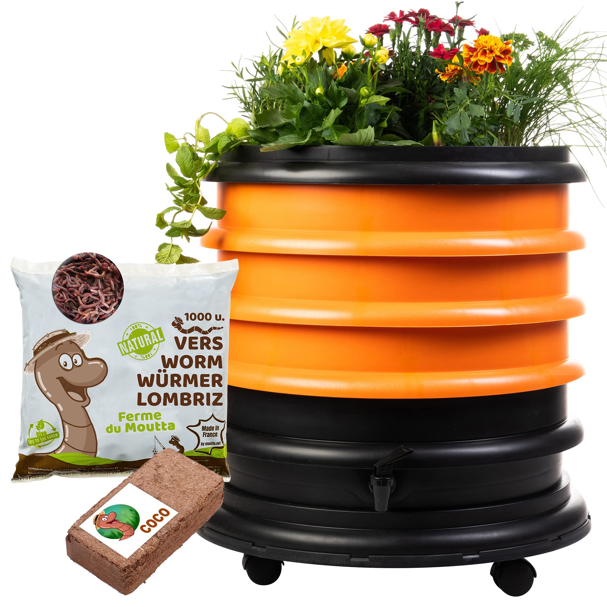 WORMbox | Wurmkomposter Wurmfarm Wurmkiste mit 3 Schalen Orange + Pflanzgefäß + 500g Kompostwürmer / 1000 STK + 1 Coco | 48 Liter | Regenwurmkomposter, Kompostwürmer produzieren Wurmhumus