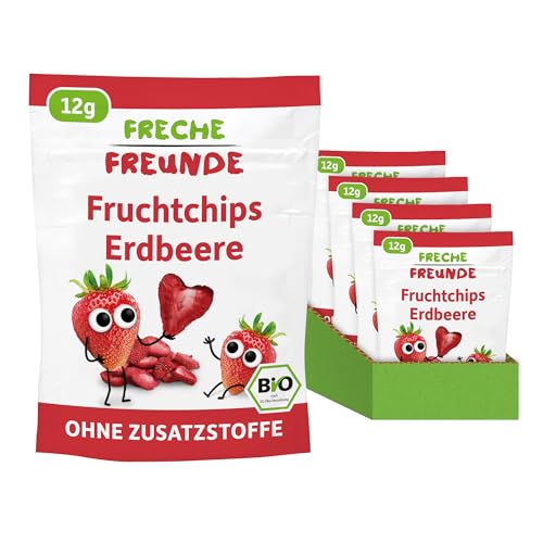 FRECHE FREUNDE Bio Fruchtchips Erdbeere, gefriergetrocknete Obst Chips Erdbeere, ohne Zuckerzusatz, vegan, laktosefrei, glutenfrei, 24er Pack (24 x 12 g)