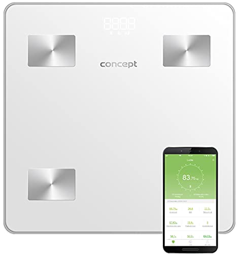 Concept VO4000 Glas-Diagnosewaage Personenwaage mit App Digitale Waage Körperanalyse Körperfettwaage Muskelmasse BMI LED-Anzeige Bluetooth Gewicht bis 180kg (Weiß)