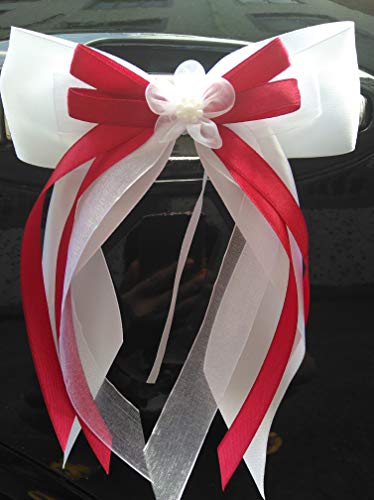 Miya@ 10 hochwertige Handgemacht Weiss Antenneschleifen mit doppelschleifen aus Satin, Auto Schleifen, Hochzeit Deko, Autoschmuck (5 cm Weiss) (Weinrot)