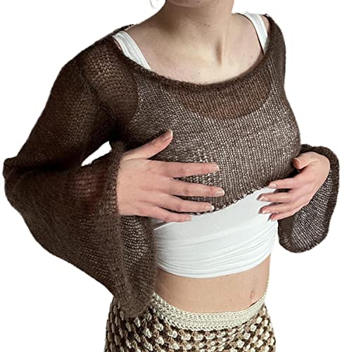 RHSH Gestrickter durchsichtiger Cropped-Pullover for Frauen Y2K Hohl Crop Top Langarm Gothic Pullover Häkel-Strickpullover