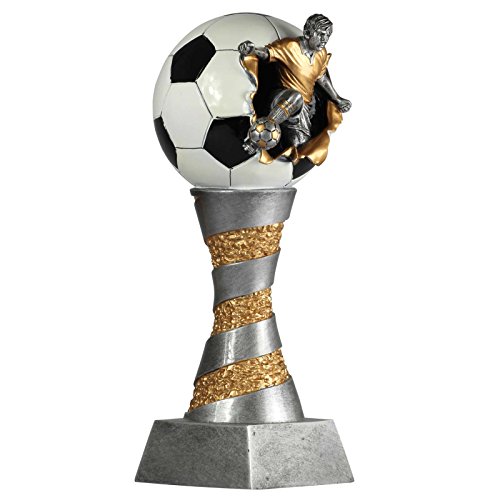 Set, je 1 x Pokal Fußball Lyon Exclusiv aus Resin Silber/Gold handbemalt, 26, 28 und 31 cm (3 Stück gesamt)