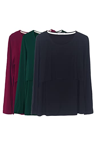 Smallshow Damen Langarm Schwanger T-Shirt Umstandsshirt Umstandstop Schwangerschaft Kleidung 3 Pack,Wine/Deep Green/Black,M