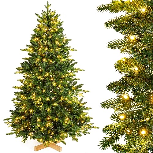 Yorbay künstlicher Weihnachtsbaum Nordmanntanne mit Beleuchtung LED Tannenbaum mit Holzständer für Weihnachten-Dekoration, aus PE und PVC, Mehrweg (150cm)