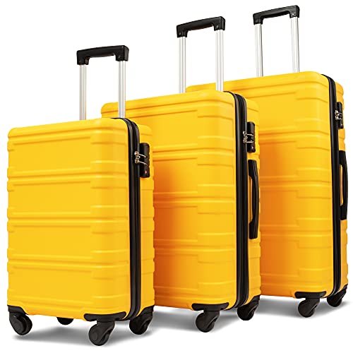 SPOFLYINN 3-teiliges ABS-Gepäck-Set, Reisekoffer mit Doppeldreher, 8 Rollen, TSA-Schloss, 50,8 cm, 61 cm, 71,1 cm, 3 Größen, leise, leicht, Hartschalenkoffer, Gelb, wie abgebildet, Einheitsgröße, 1