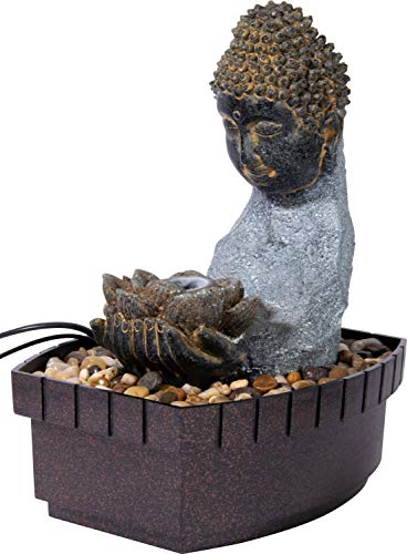 dobar Zimmerbrunnen Buddha in Steinoptik mit Deko-Steinen, Wasserspiel mit Pumpe für innen, Grau, 20,5 x 16,5 x 27 cm