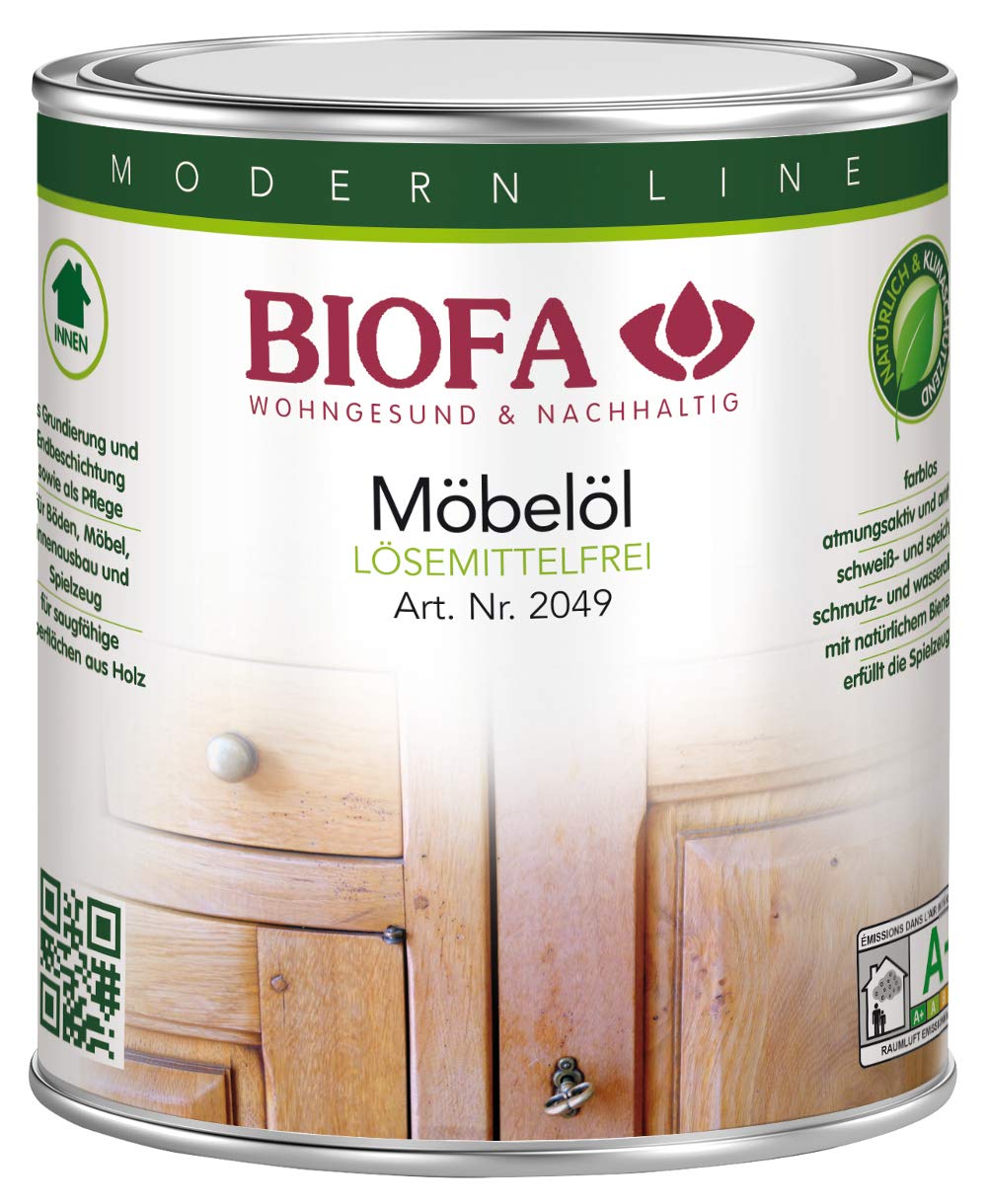 Biofa Möbelöl lösemittelfrei - Möbelpflege für rohe Holzmöbel, geölte Möbel, Innenausbau (0,375 Liter)