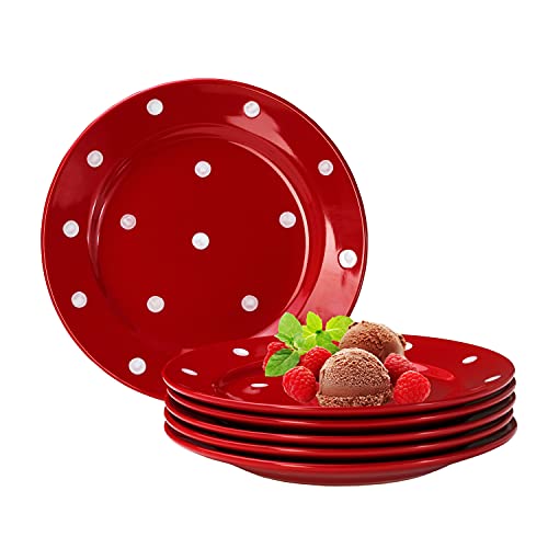 Van Well Emily 6er Set Kuchenteller rot-weiß gepunktet, rund Ø 200 mm, Steingut Teller rund, Dessertteller