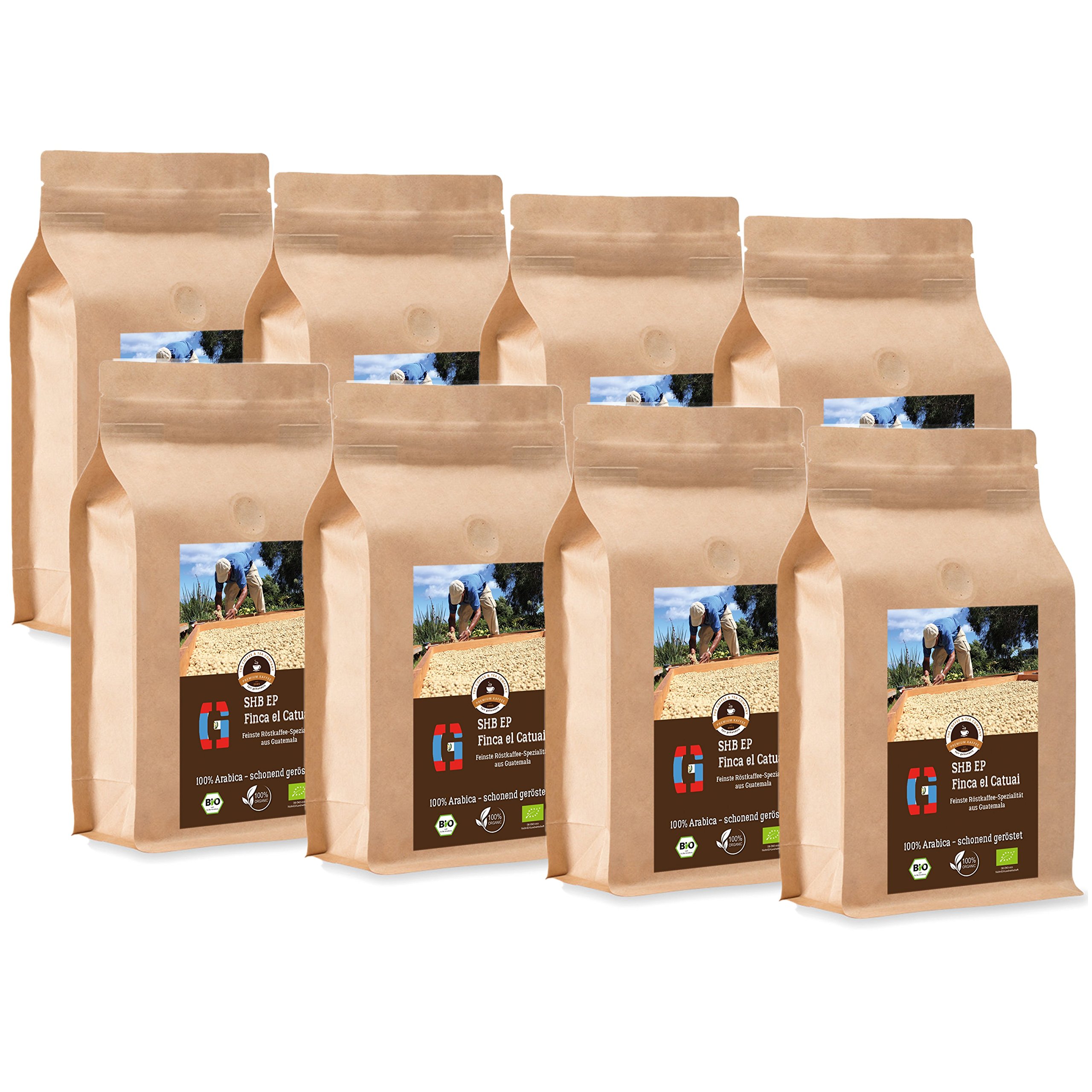 Kaffee Globetrotter - Bio Guatemala SHB EP Finca El Catuai - 8 x 1000 g Grob Gemalen - für Kaffee-Vollautomat, Kaffeemühle - Röstkaffee aus biologischem Anbau | Gastropack Sparpack