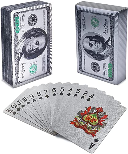 2 Decks von Spielkarten, Dollars Luxus Silberfolie wasserdichte Pokerkarten Standard Index für Tischspiel, Party, magische Requisiten (Silber)