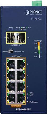 Planet IP30 Ind 8-P 10/100/1000T 802.3at PoE + 2-Port 100/1000X, IGS-1020PTF (802.3at PoE + 2-Port 100/1000X SFP Ethernet Switch)