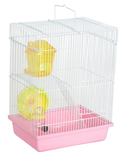 YML Double Stories Dwarf Hamster Cage with Small Wheel/Dish and Water Bottle/Plastic Base, Pink, 10.5" x 8" x 15"