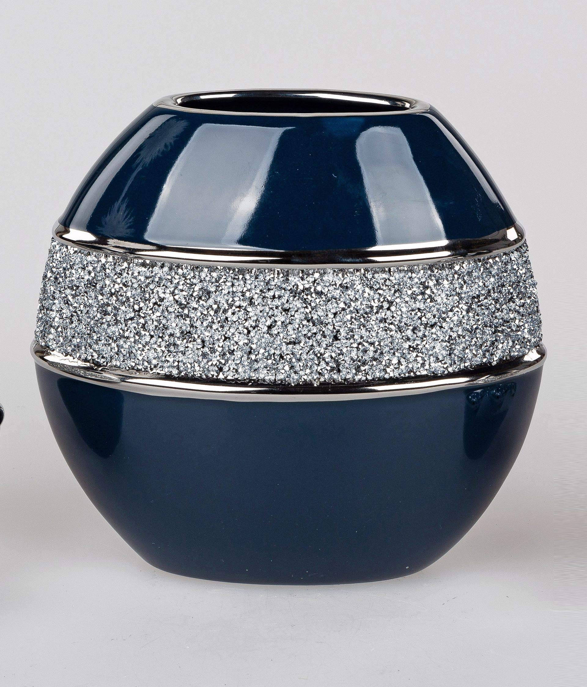 Edle Vase Blumenvase Tischvase Flunder Designvase in Nachtblau und Silber glänzend und mit Strass verziert, in verschiedenen Variationen (Rund 21 cm)