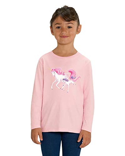 Hilltop Hochwertiges Kinder Mädchen Langarm T-Shirt aus 100% Bio Baumwolle mit wunderschönem Einhorn Motiv, Premium Kinder Tshirt für Freizeit und Sport, Size:110/116, Color:Cotton Pink