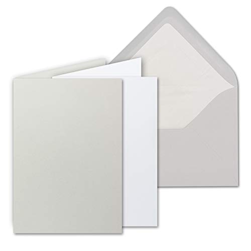100 Sets - großes Kartenpaket, Hellgrau (Grau), matt, mit 100 Faltkarten, passenden weißen Einlegeblättern & 100 gefütterten Umschlägen - DIN B6, 12 x 17 cm - 120 x 170 mm
