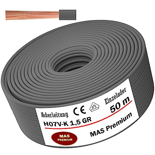 Aderleitung H07 V-K 1x1,5 mm² Grau Einzelader flexibel 5m, 10m, 20m, 25m, 30m, 40m, 50m bis 100m (50m)
