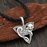 QZY Katze Auf Triquetra Keltische Halskette, Triple Horn Von Odin Anhänger - Wikinger Dreieck Irischen Anhänger Amulett Halskette Nordischen Mythos,Silverleatherchain