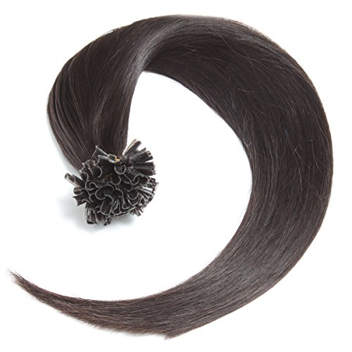 Schwarzbraune Bonding Extensions aus 100% Remy Echthaar - 300 x 0,5g 45cm Glatte Strähnen U-Tip als Haarverlängerung und Haarverdichtung in der Farbe 1b# Schwarzbraun