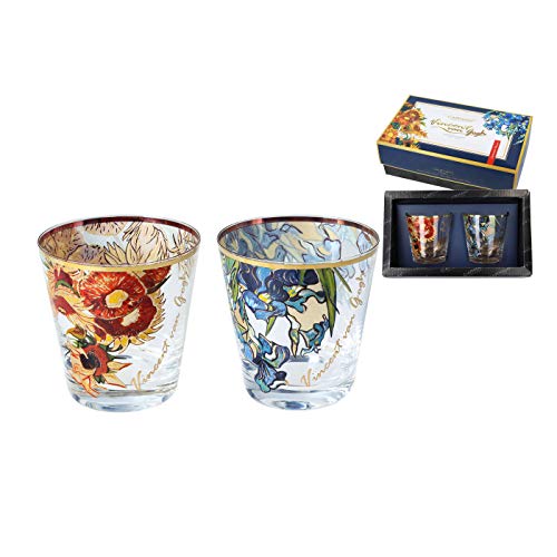 CARMANI - Schönes rundes Schnapsglas 2er Set verziert mit "Sonnenblumen" und Irises" von Vincent Van Gogh