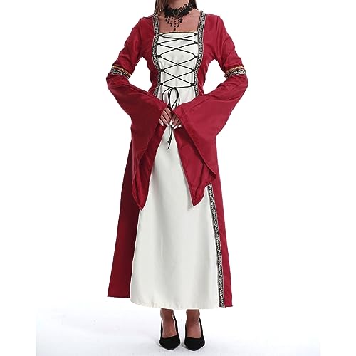 ZOUTYI Frauen Mittelalterlich Elegantes Kleid Gericht Prinzessin Kostüm Renaissance Mittelalter Halloween Abend Langes Kleid Bandage Gothic Vestidos,Rot,M