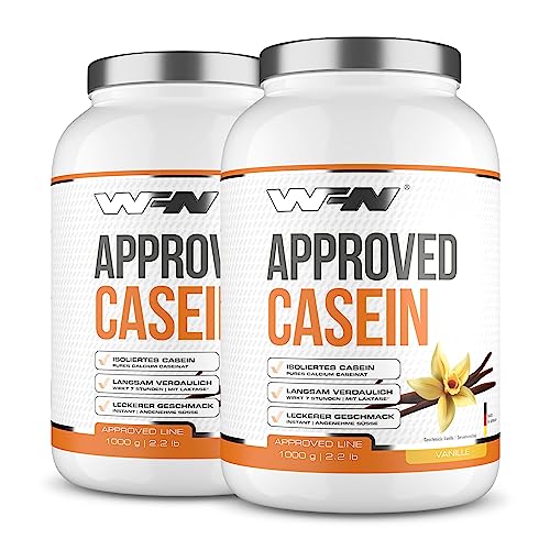 WFN Approved Casein - Casein Proteinpulver - Vanille - 2x 1 kg - Cremiger Casein Protein Shake - Sehr gut lösliches Kasein Eiweißpulver - 66 Portionen - Made in Germany - Extern laborgeprüft