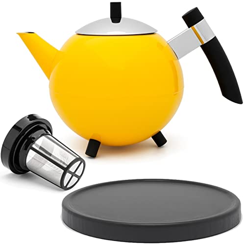 Teekanne Set 1.2 Liter - Edelstahl doppelwandig Gelb - Große Teebereiter mit Deckel mit Tee-Filter-Sieb-Aufsatz für losen Tee - inkl. Holz-Untersetzer schwarz
