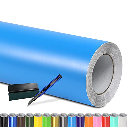 Folindo® Autofolie Hell Blau Matt (15€/m²) | 100 x 152 cm | + Rakel & Cutter | Selbstklebende Luftkanal Folie zur Auto Folierung | Blasenfrei