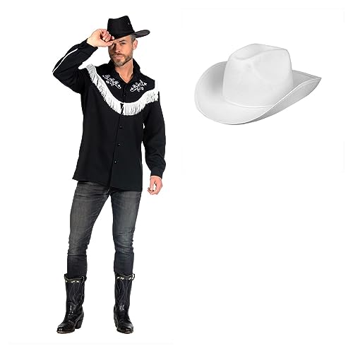 MIMIKRY 2-teiliges Country Western Herren Kostüm Rodeo Hemd Schwarz mit Cowboyhut Puppe Film, Größe:XL