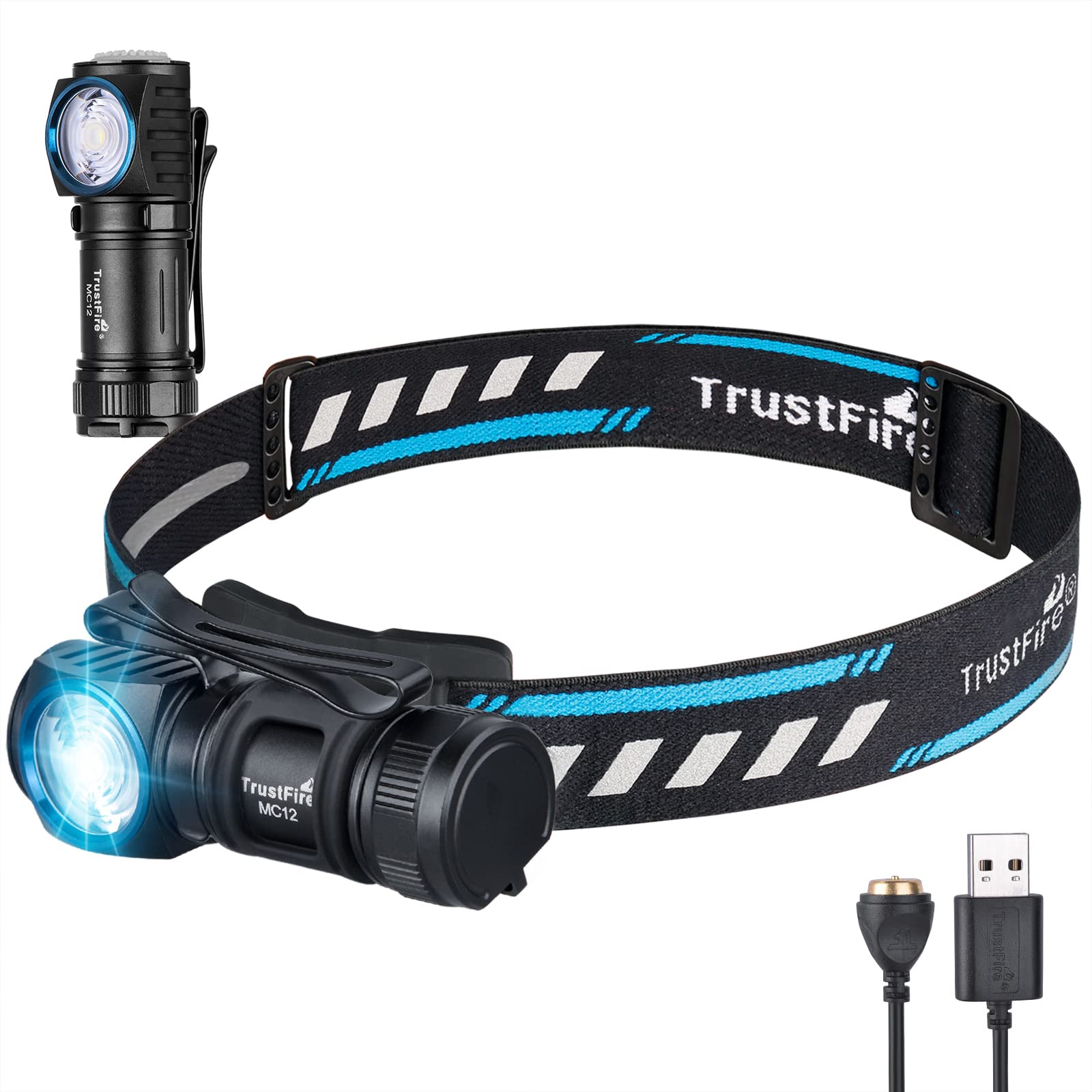 TrustFire Stirnlampe, Stirnlampe LED wiederaufladbar Kopflampe 1000 Lumen MC12 LED Stirnlampe Magnetisch Stirnlampe IPX8 Wasserdicht Kopflampe für Camping Joggen