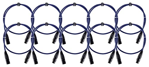 10er Set Pronomic Stage DMX3-1 DMX-Kabel 1 Meter (zur Verkabelung von Lichteffekten, Goldkontakte, Mantelfarbe: Blau, XLR Male zu XLR Female)