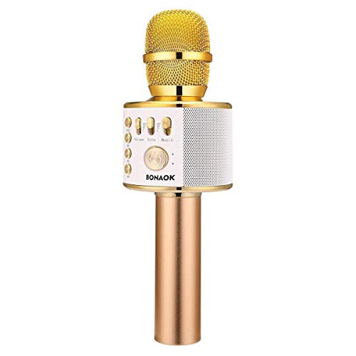 BONAOK Drahtloses Bluetooth Karaoke Mikrofon, Tragbares 3 in 1 Karaoke Handmikrofon Geburtstagsgeschenk Home Party Auto Karaoke Mikrophon für iPhone/Android/iPad/PC/Smartphone (Hellgold)