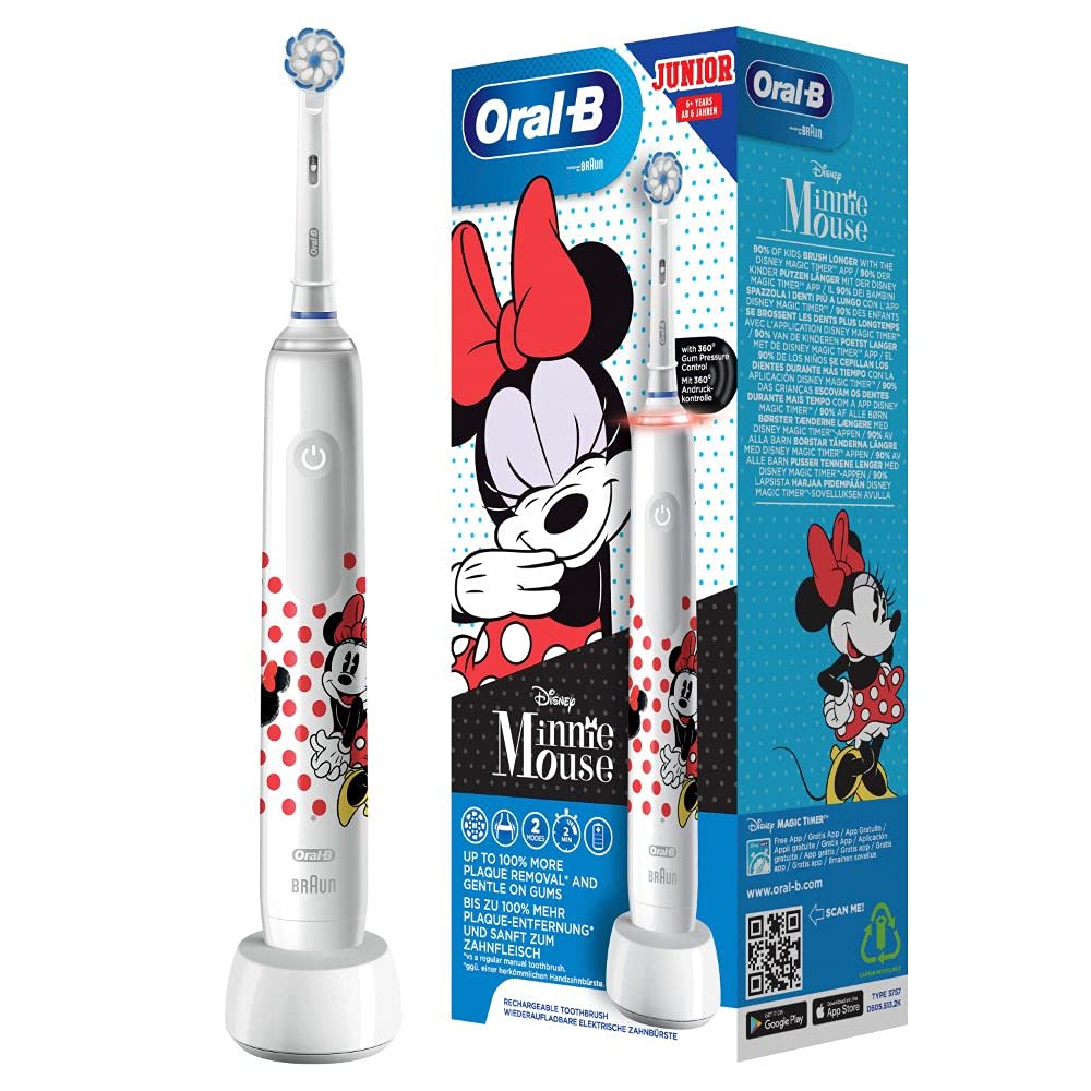 Oral-B Junior Elektrische Zahnbürste/Electric Toothbrush für Kinder ab 6 Jahren, mit 2 Putzmodi und visueller 360° Andruckkontrolle für Zahnpflege, Designed by Braun, Minnie Mouse, weiß