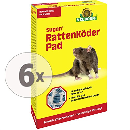Gardopia Sparpaket: 6 x 400g Neudorff Sugan Rattenköder Pads, hochattraktiver Spezialköder gegen Ratten Plus Zeckenzange mit Lupe