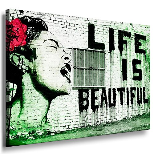 Fotoleinwand24 - Banksy Graffiti Art Life is Beautiful / AA0109 / Bild auf Keilrahmen/Grün / 100x70 cm