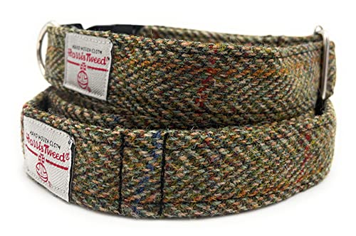 Harris Tweed Hundehalsband und Leine, Fischgrätenmuster, Größe L, Grün