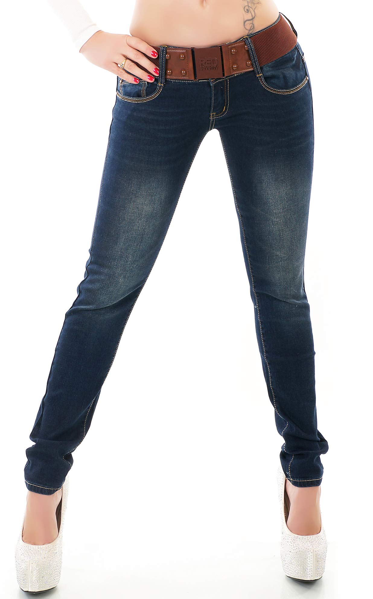 xy Damen Röhrenjeans Hose Jeans Denim Skinny Stretch mit braunem Gürtel (XS)