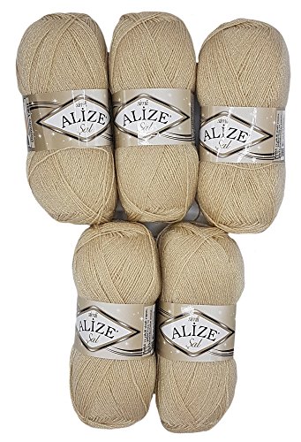 5 x 100 g Alize Glitzerwolle SAL zum Stricken und Häkeln, 500 Gramm Metallic – Wolle (beige 67)