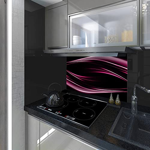 Spritzschutz, Panel Küche, gehärtetes Glas, lila Wellen auf schwarzem Hintergrund, jede Größe, VA Art Glas (Breite 90 x Höhe 70 cm)
