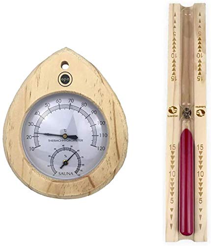 Sauna Klimamesser Tropfen - Finnisches Sauna Thermometer + Hygrometer mit Holzrahmen hell by OPA/Lumo plus Sanduhr Exclusiv 15 min. mit rotem Sand