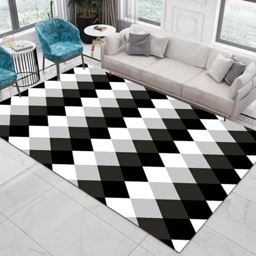 18meng Art Wohnzimmer Teppich schwarz weiß Retro Gitter Streifen Waschbarer Teppich - Baumwolle Kurzflor Extra Weich Pflegeleicht - für Badezimmer Schlafzimmer Küche Eingangsbereich 100x140cm