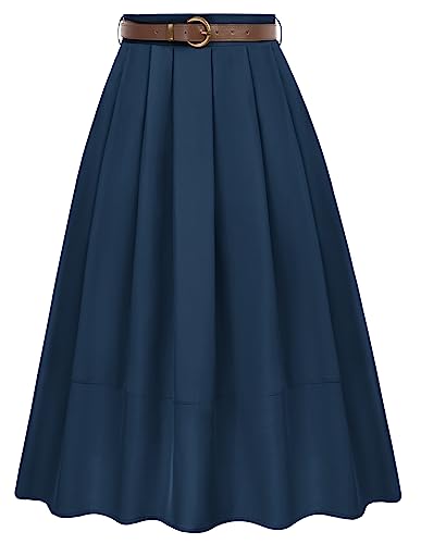 Damen Faltenrock Lang A-Linie High Waist Skirt mit Taschen Freizeit Party Arbeit Marineblau S