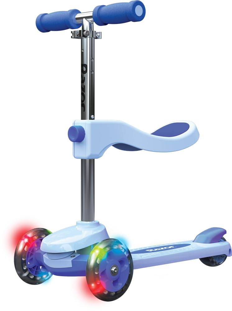 Razor Rollie, 3-Rad-Roller für jüngere Kinder, Sitz- und Stehfahroptionen, leuchtende Räder, blau
