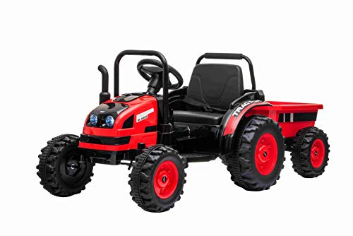 RIRICAR Elektrischer Traktor Power mit Anhänger, Rot, Hinterradantrieb, 12-V-Batterie, Kunststoffräder, breiter Sitz, 2,4-GHz-Fernbedienung, MP3-Player mit USB, Vorderradaufhängung, LED-Leuchten