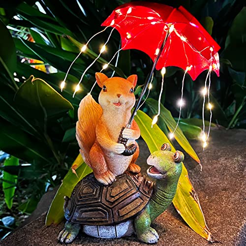 Solar Garten Ornamente Outdoor Dekorationen Statue | Eichhörnchen sitzt auf Schildkröte und hält einen Regenschirm mit Lichterkette – IP65 Wasserdicht Gartengeschenke für Rasen Hof Kunst Dekoration